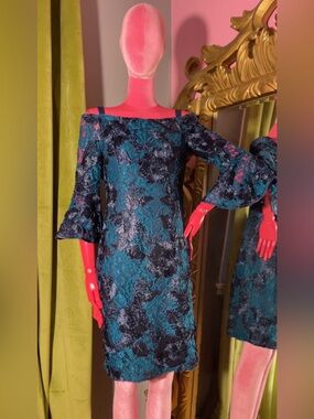 Adrianna Papell Teal & Black Off-Shoulder Lace Dress